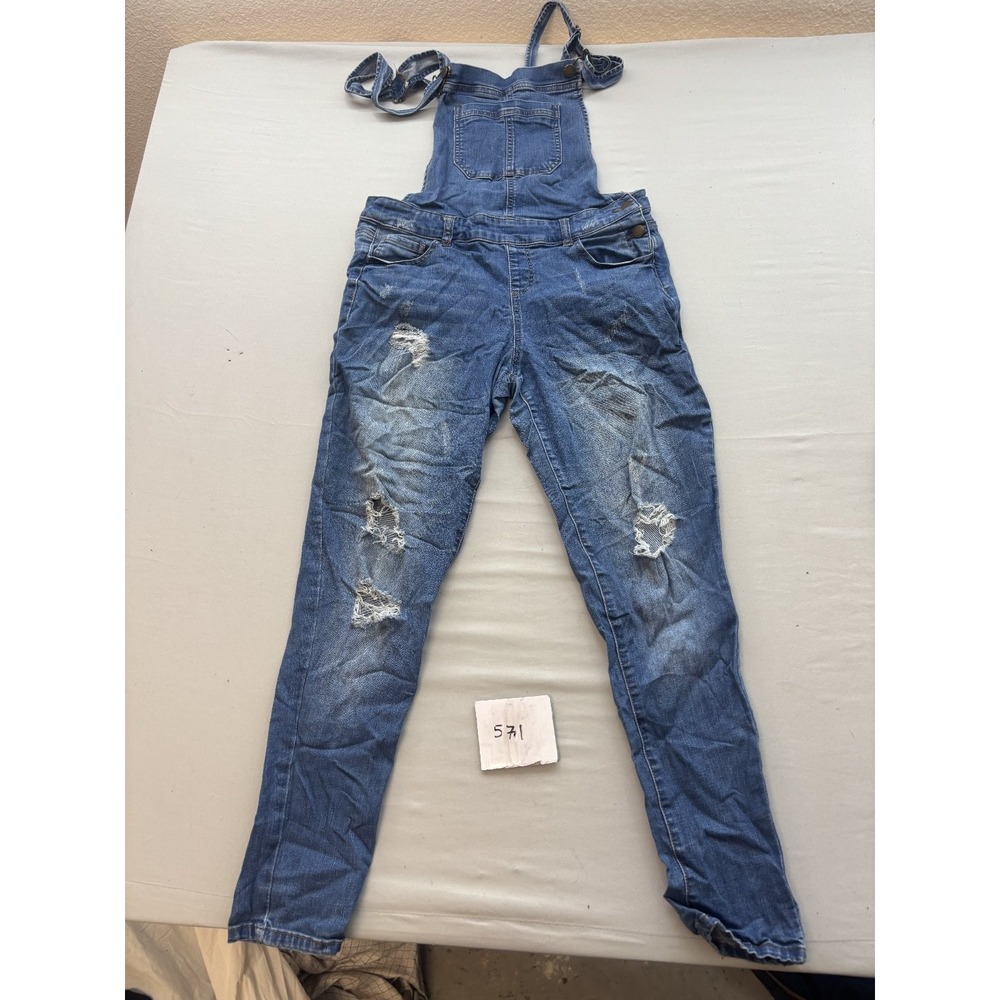 WAX JEAN Womens Distressed Denim Overalls Skinny Jumpsuit Blue Size L